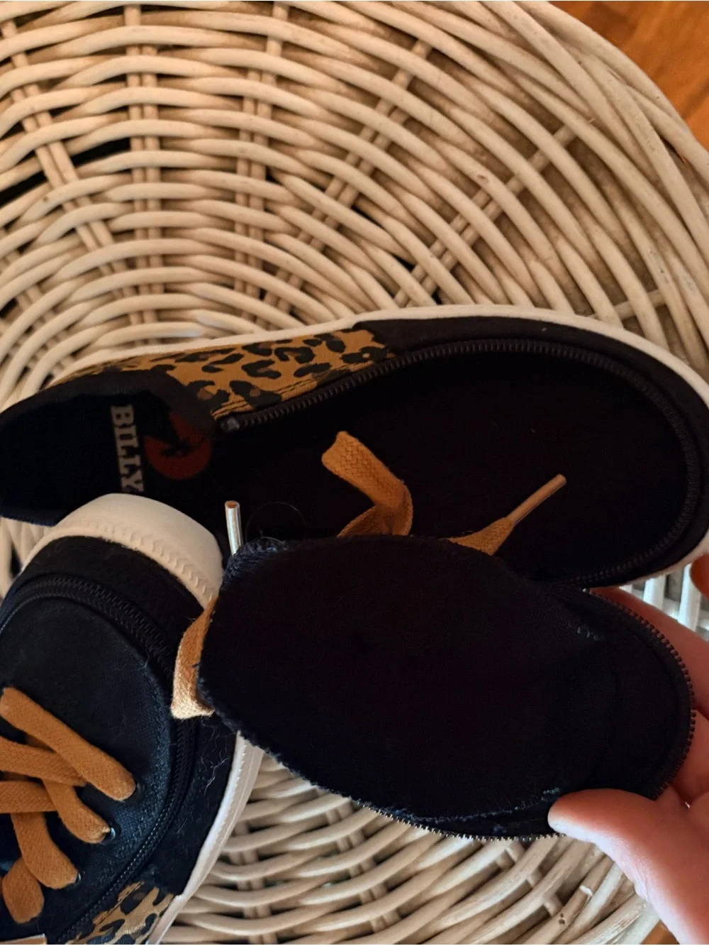 Black & Leopard Kids Casual Sneakers with zipper for easy on and off w/Tan Laces